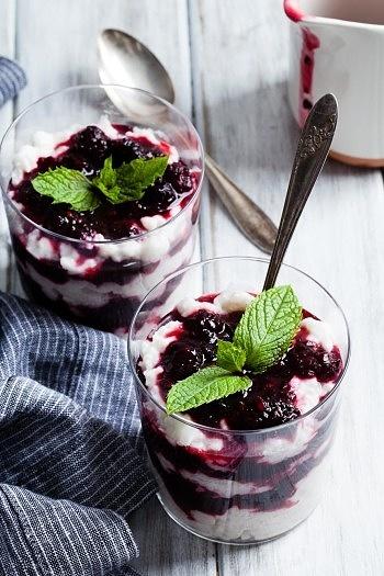Coconut rice pudding with mint mulberry compote