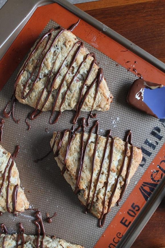 Bacon peanut butter scones with chocolate drizzle
