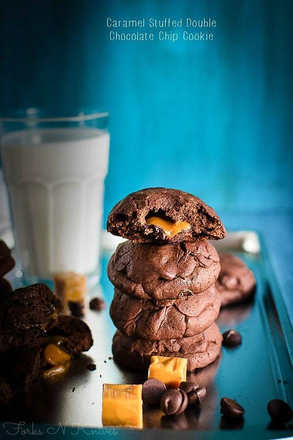 Caramel Stuffed Double Chocolate Chip Cookies