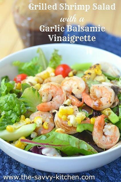 Grilled shrimp salad with garlic balsamic vinaigrette