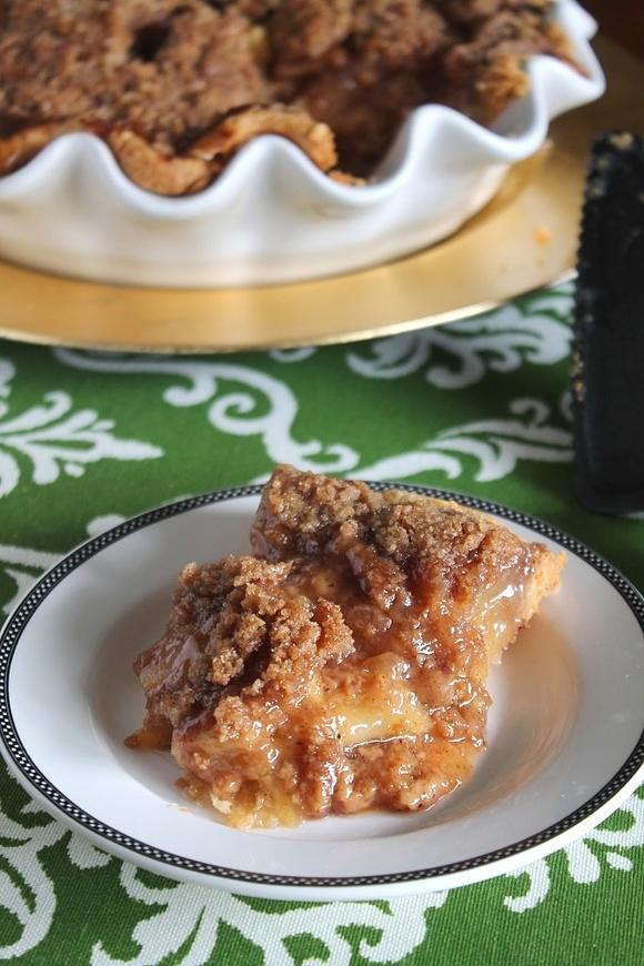 Salted caramel apple pie with crumble topping