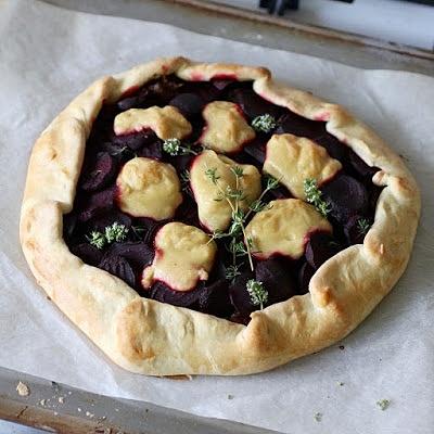 Beetroot and caramelised onion galette with vegan mozzarella