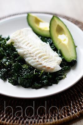 Haddock breakfast with black kale and avocado