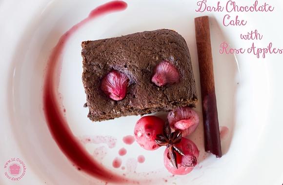 Dark chocolate cake with red wine poached rose apples