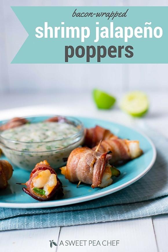 Crispy bacon-wrapped shrimp jalapeno poppers with cilantro lime dipping sauce