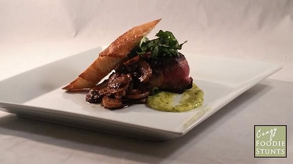 Filet mignon with warm shallot vinaigrette, mushrooms and baguette
