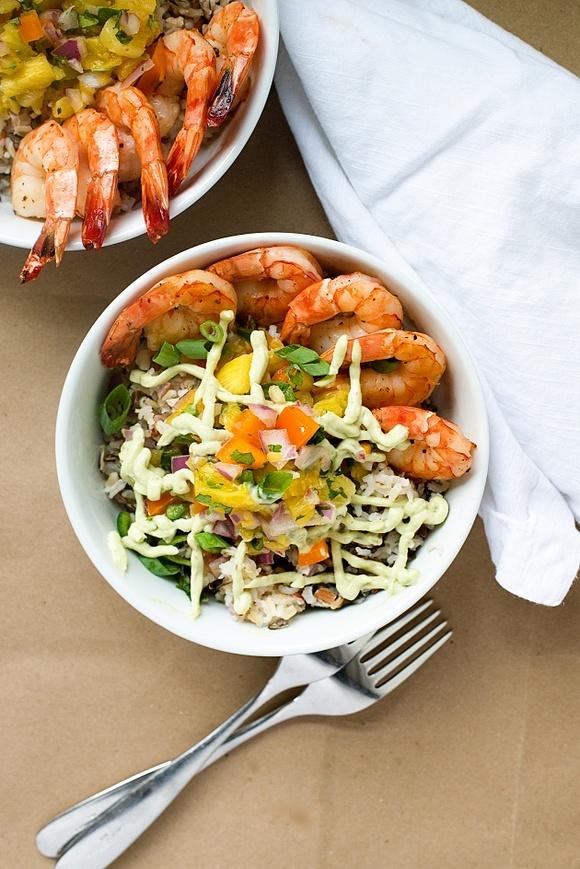 Roasted shrimp rice bowl with pineapple salsa