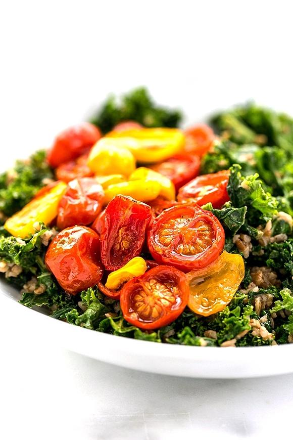Balsamic marinated kale bulgar and roasted tomato salad