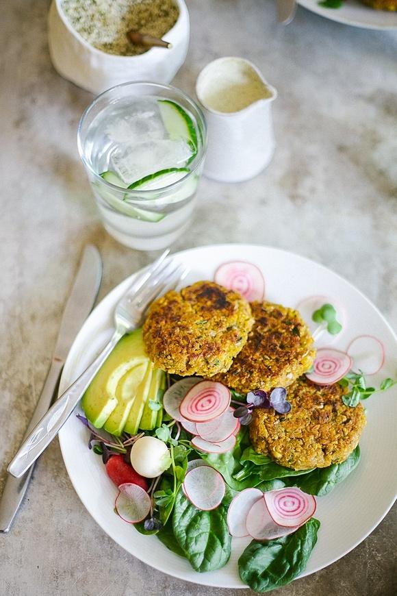 Crispy carrot and sunflower falafel with hemp sauce