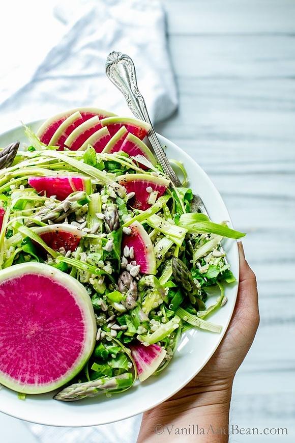 Shaved asparagus and arugula quinoa salad with lemon-dijon poppy seed dressing