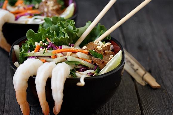Shrimp Summer Roll Salad with Spicy Peanut Sauce