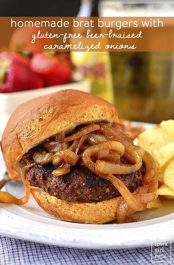 Homemade brat burgers with gluten-free beer-braised caramelized onions