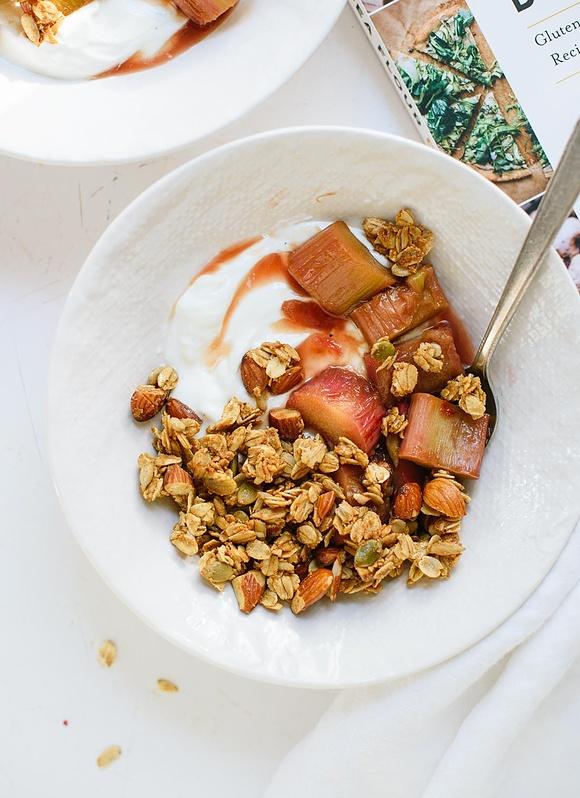Clumpy granola with stewed rhubarb and chickpea flour