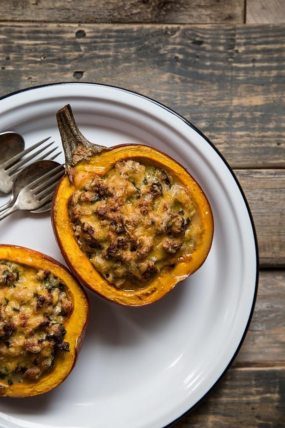 Stuffed pumpkin with turkey, cheddar and spinach
