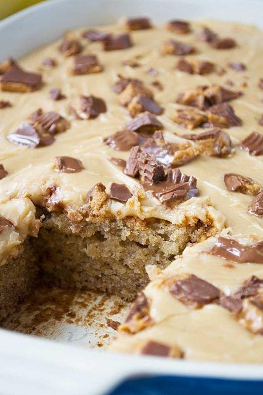 Banana sheet cake with peanut butter fudge frosting
