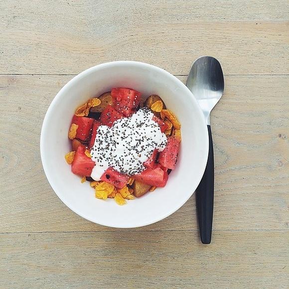 Watermelon, prunes, chia seeds and yogurt breakfast salad