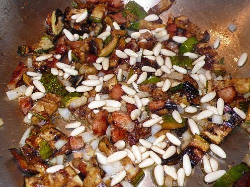 Casarecce with grilled zucchini, pancetta and pine nuts