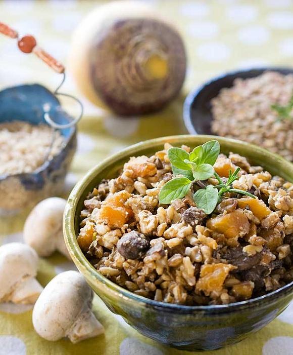 Vegan lentils and rice with rutabaga in instant pot