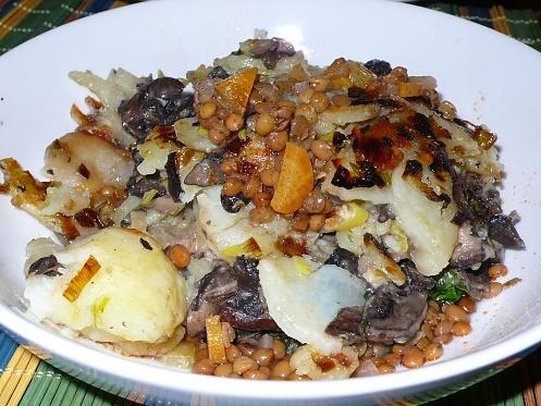 Potato and mushroom cake with braised lentils