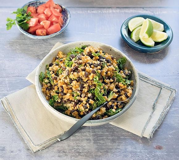 Quick and easy vegan skillet with cauliflower rice and black beans