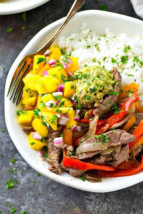 Steak and pepper rice bowls with mango pico de gallo