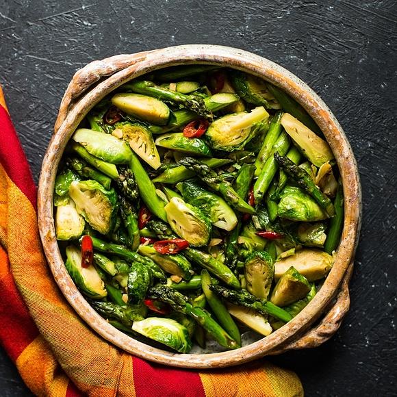 Chili and garlic stir-fried brussels sprouts with asparagus
