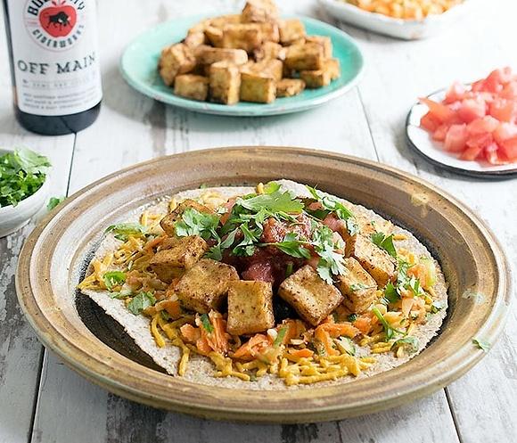 Air fried tofu rancheros with vegetables and little face salsa