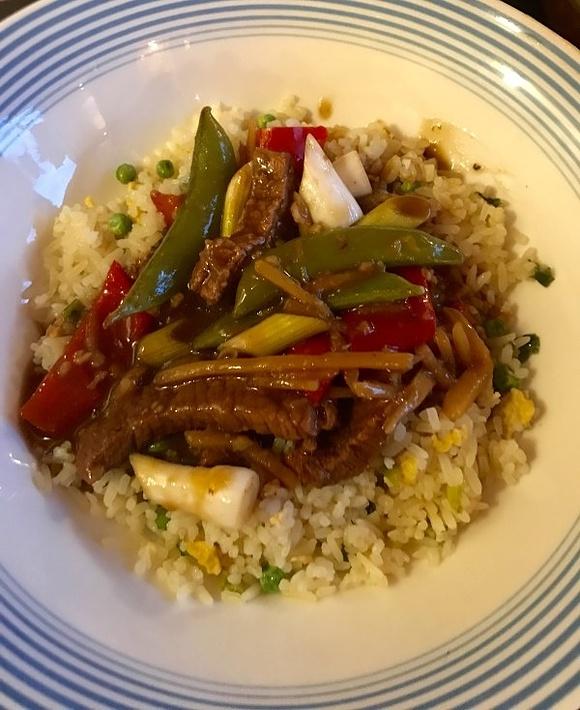 Ginger beef with pepper and spring onion