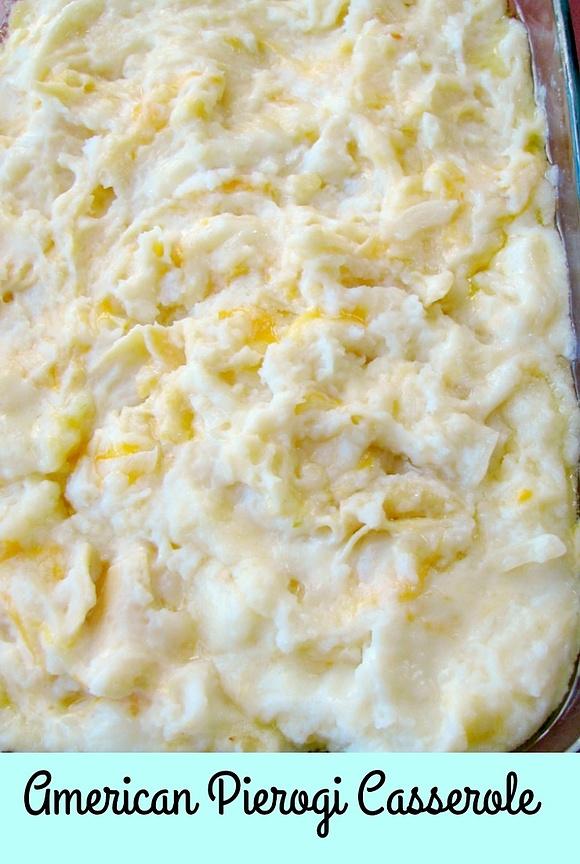 American pierogi casserole with mashed potatoes and cheese