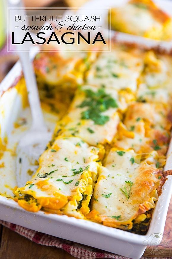 Oven Roasted Butternut Squash Lasagna with Spinach and Chicken